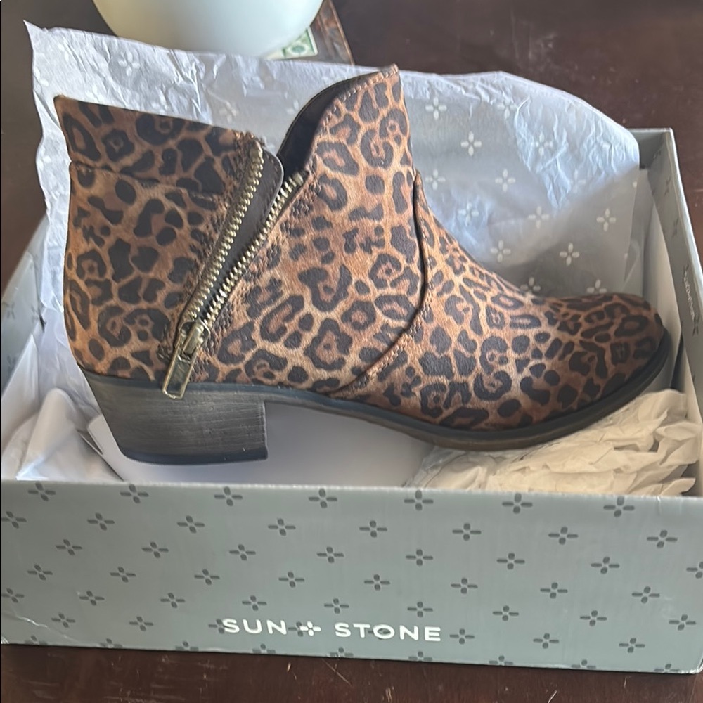 Sun + Stone Brown Ankle Booties with Leopard Print